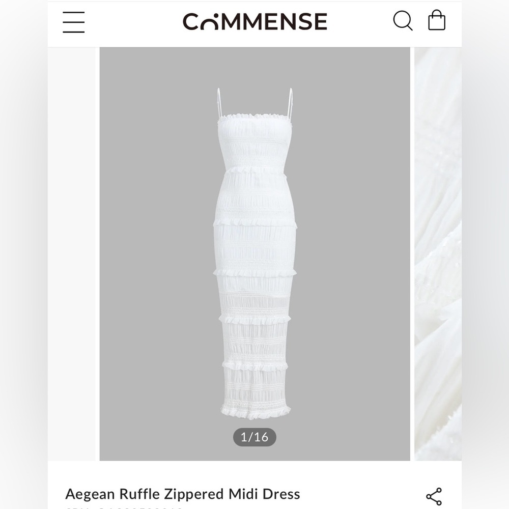 Commense White Ruffle Zippered Midi Dress